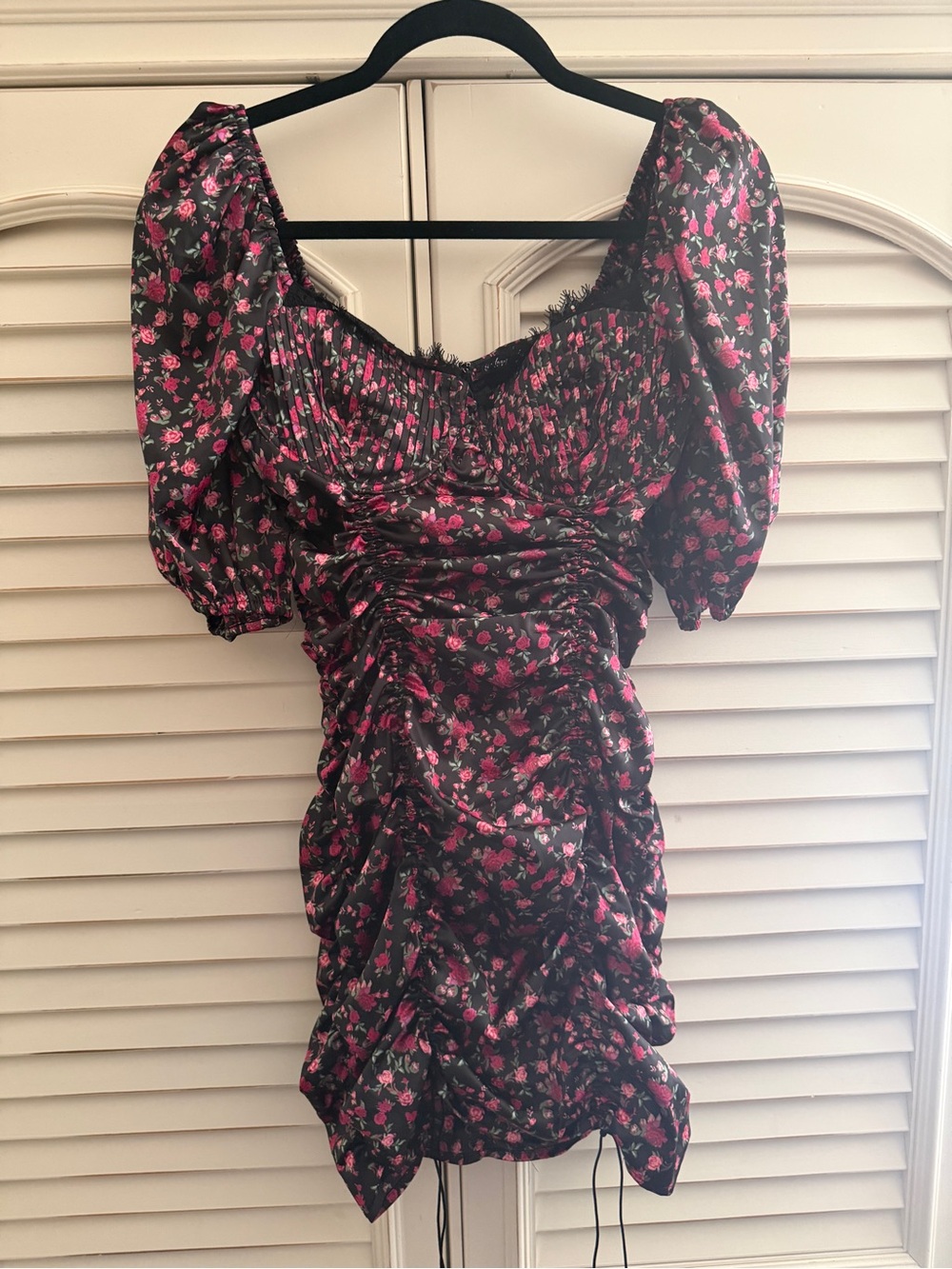 For Love And Lemons Black Mini Dress with Pink Floral Print